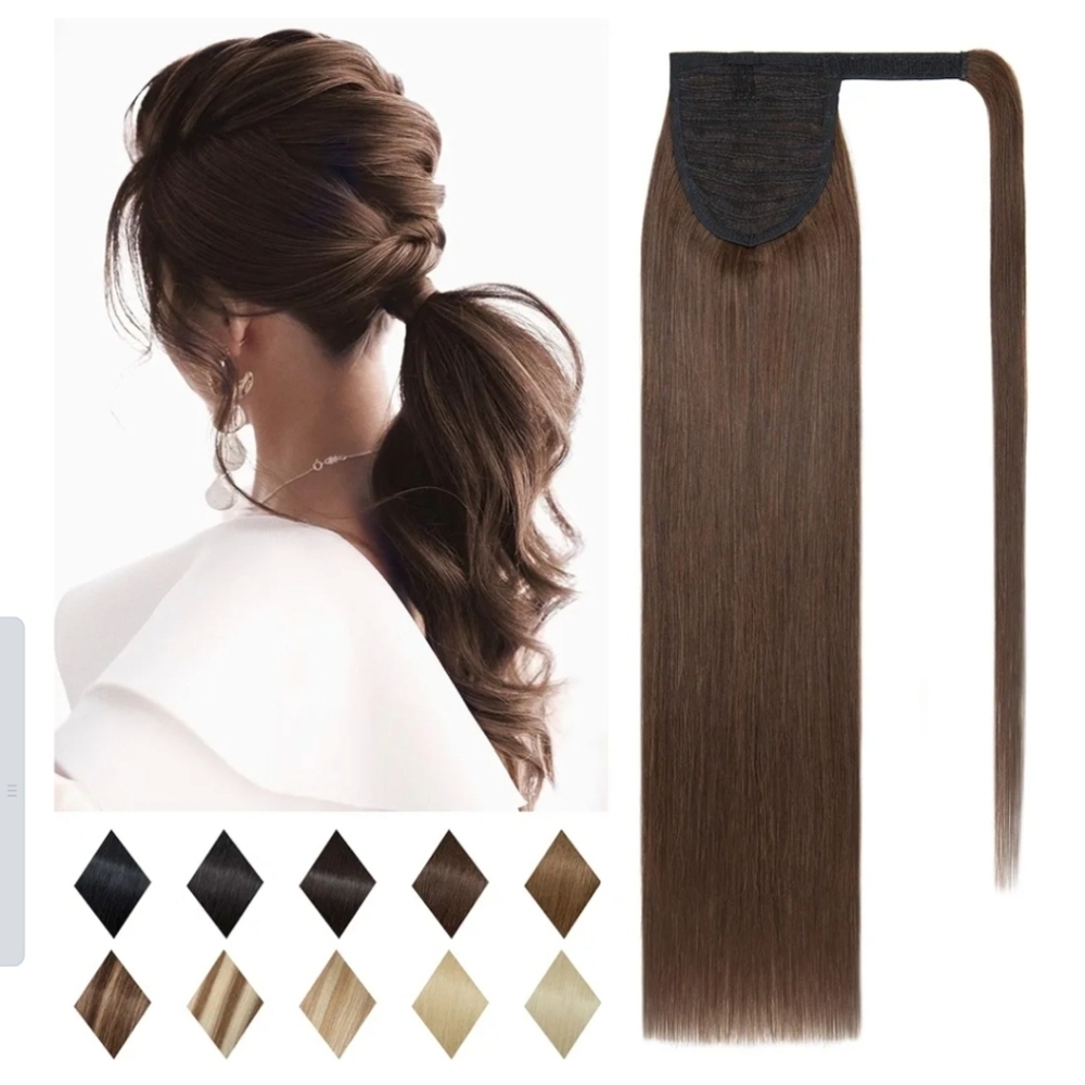 100% Human Hair Easy 20" Wrap Ponytail Extension #6 Light Brown Soft Full Long